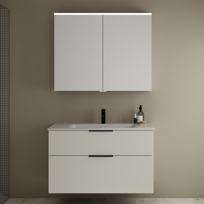 burgbad Eqio Badmöbel-Set 102 cm mit Keramik-Waschtisch Slim und Unterschrank mit Griff G0200, mit Spiegelschrank