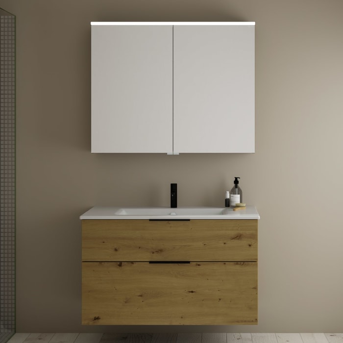 burgbad Eqio Badmöbel-Set 102 cm mit Keramik-Waschtisch Slim und Unterschrank mit Griff G0200, mit Spiegelschrank