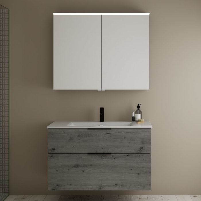 burgbad Eqio Badmöbel-Set 102 cm mit Keramik-Waschtisch Slim und Unterschrank mit Griff G0200, mit Spiegelschrank