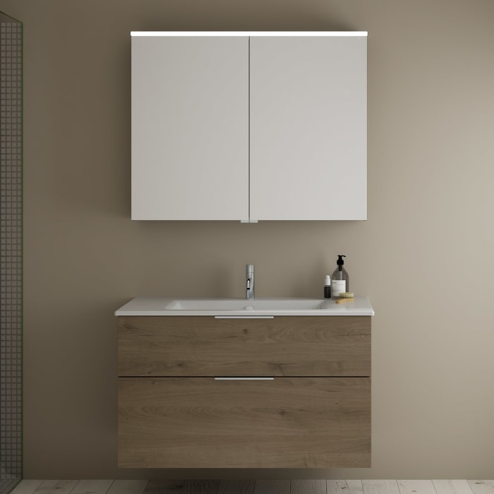 burgbad Eqio Badmöbel-Set 102 cm mit Keramik-Waschtisch Slim und Unterschrank mit Griff G0146, mit Spiegelschrank