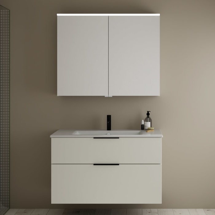 burgbad Eqio Badmöbel-Set 102 cm mit Keramik-Waschtisch Slim und Unterschrank mit Griff G0200, mit Spiegelschrank