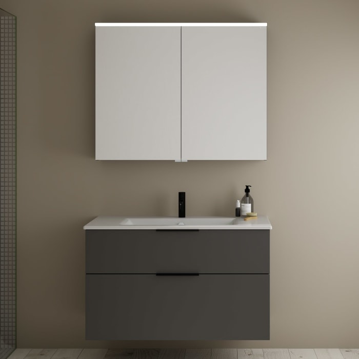 burgbad Eqio Badmöbel-Set 102 cm mit Keramik-Waschtisch Slim und Unterschrank mit Griff G0200, mit Spiegelschrank