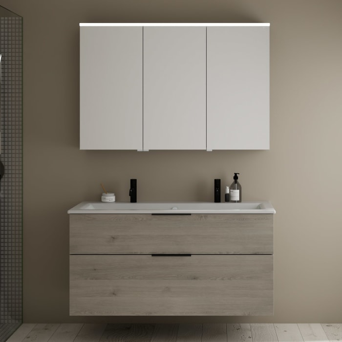 burgbad Eqio Badmöbel-Set 122 cm mit Keramik-Waschtisch Slim und Unterschrank mit Griff G0200, mit Spiegelschrank