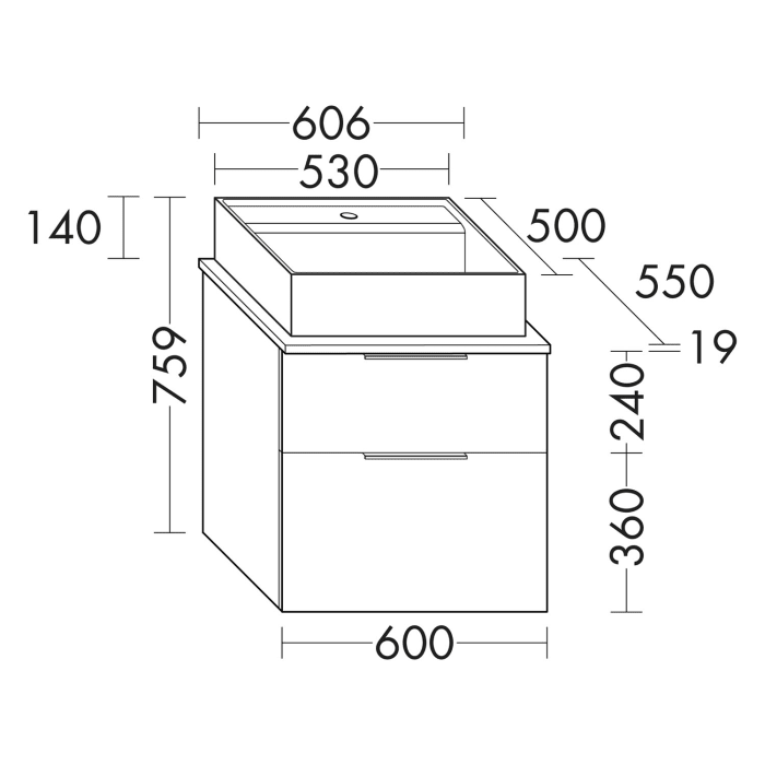burgbad Eqio Waschtischkombination mit Keramik-Aufsatzwaschtisch 60 cm, mit Stangengriff P95