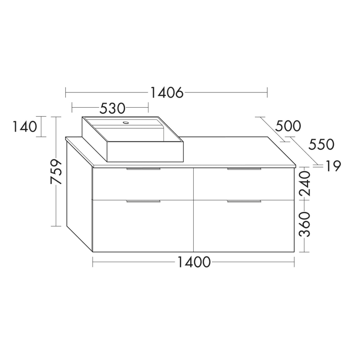 burgbad Eqio Waschtischkombination mit Keramik-Aufsatzwaschtisch 140 cm, rechts, mit Griff G0200