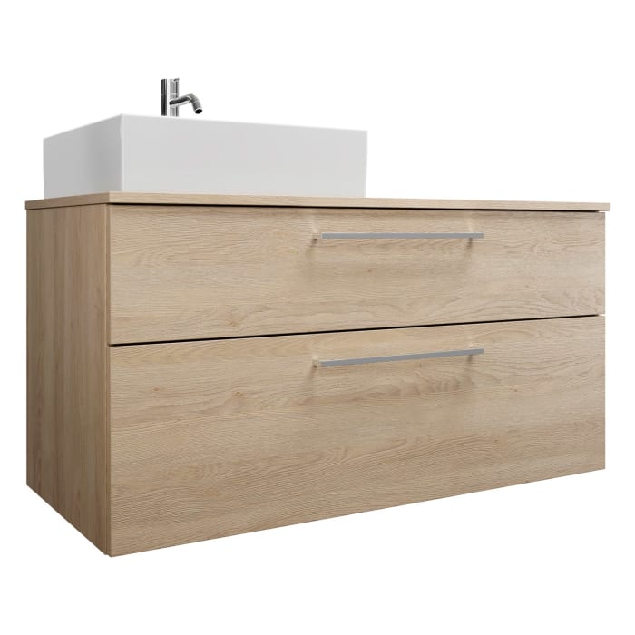 burgbad Eqio Waschtischkombination mit Keramik-Aufsatzwaschtisch 120 cm, links, mit Stangengriff P95