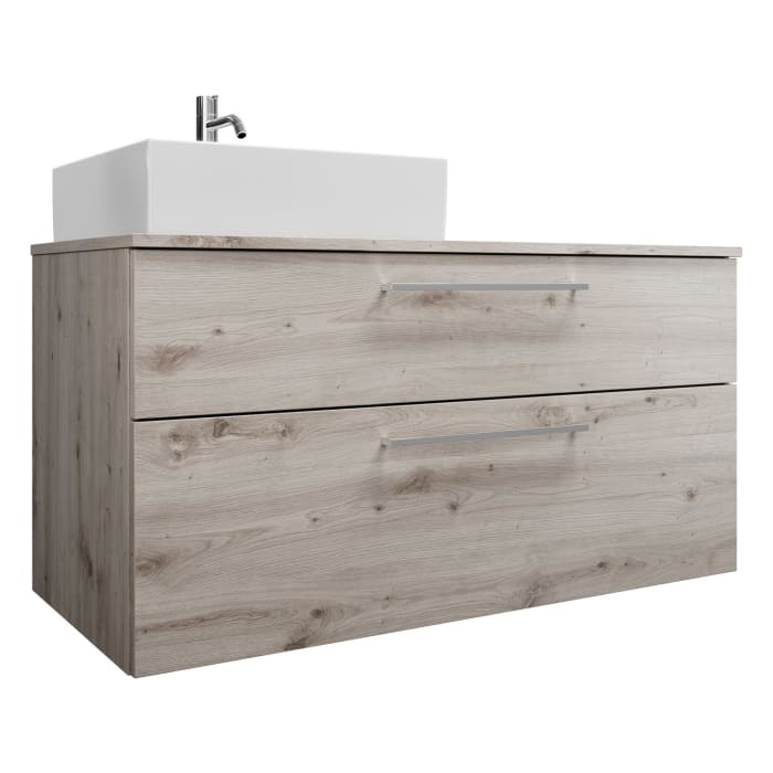 burgbad Eqio Waschtischkombination mit Keramik-Aufsatzwaschtisch 120 cm, links, mit Stangengriff P95