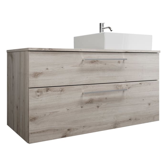 burgbad Eqio Waschtischkombination mit Keramik-Aufsatzwaschtisch 120 cm, rechts, mit Stangengriff P95