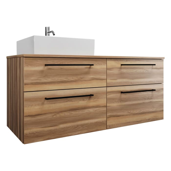 burgbad Eqio Waschtischkombination mit Keramik-Aufsatzwaschtisch 140 cm, links, mit Stangengriff G0234