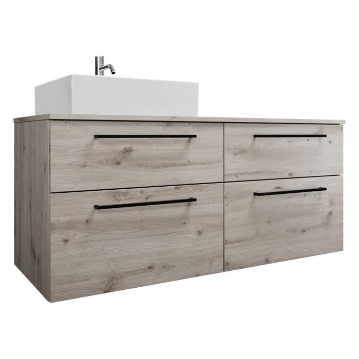 burgbad Eqio Waschtischkombination mit Keramik-Aufsatzwaschtisch 140 cm, links, mit Stangengriff G0234