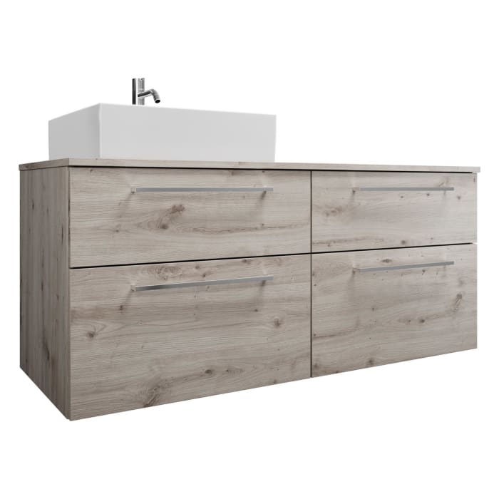 burgbad Eqio Waschtischkombination mit Keramik-Aufsatzwaschtisch 140 cm, links, mit Stangengriff P95