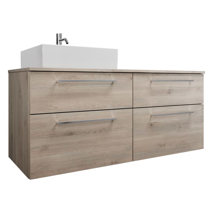 burgbad Eqio Waschtischkombination mit Keramik-Aufsatzwaschtisch 140 cm, links, mit Stangengriff P95