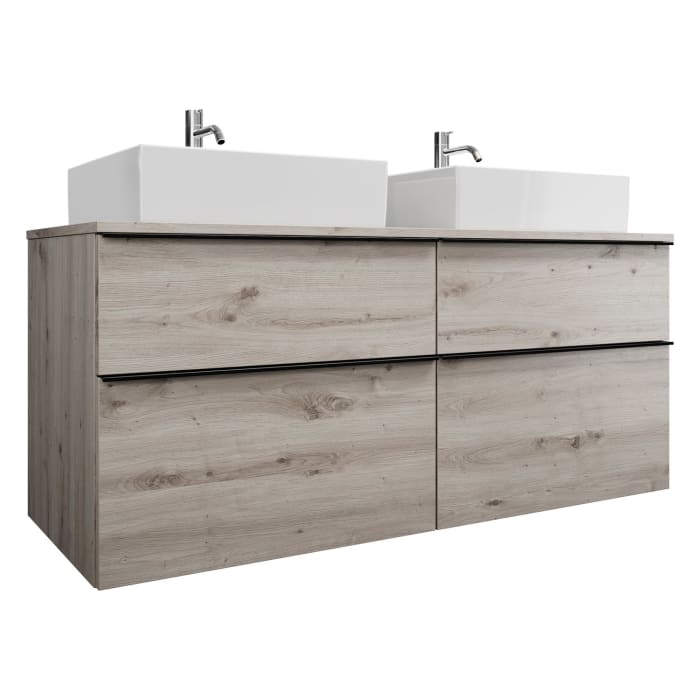 burgbad Eqio Waschtischkombination mit Keramik-Aufsatzwaschtisch 140 cm, links und rechts, mit Griffleiste G0252