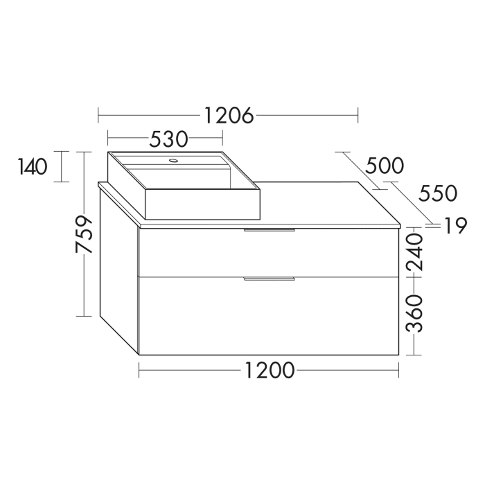 burgbad Eqio Waschtischkombination mit Keramik-Aufsatzwaschtisch 120 cm, links, mit Stangengriff P95