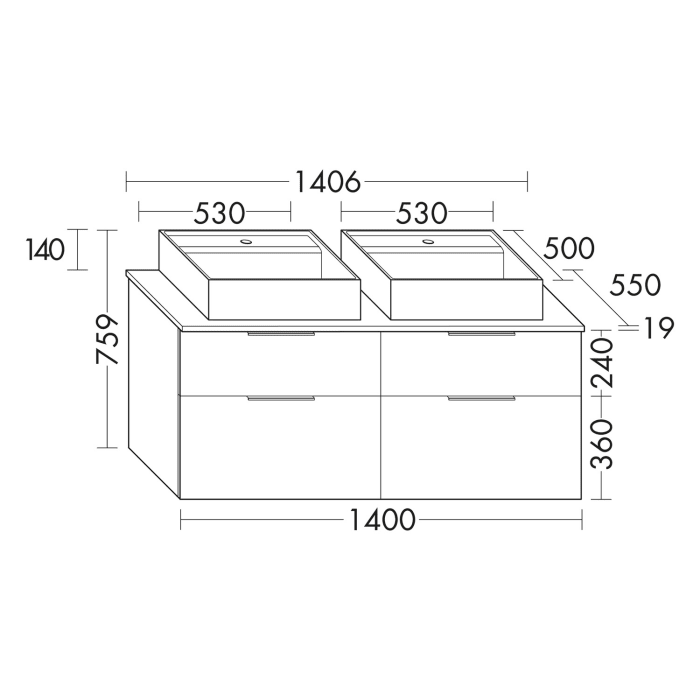 burgbad Eqio Waschtischkombination mit Keramik-Aufsatzwaschtisch 140 cm, links und rechts, mit Griffleiste G0251