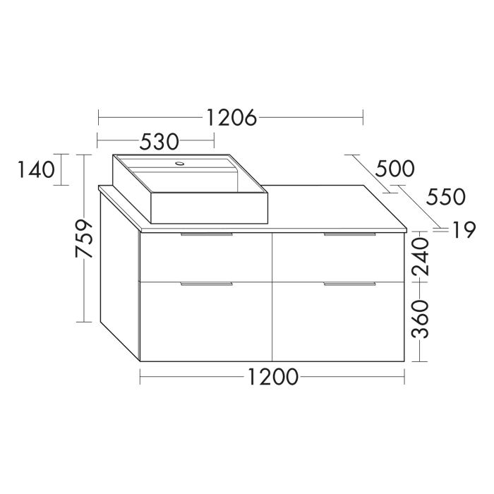 burgbad Eqio Waschtischkombination mit Keramik-Aufsatzwaschtisch 120 cm, rechts, mit Stangengriff G0234