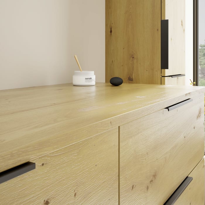 burgbad Eqio Waschtischkombination mit Keramik-Aufsatzwaschtisch 140 cm, links, mit Griff G0200