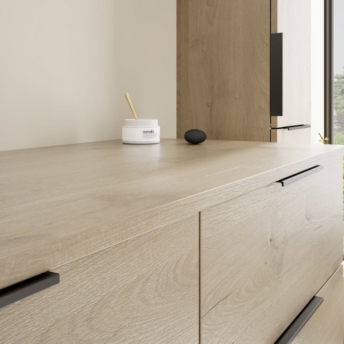 burgbad Eqio Waschtischkombination mit Keramik-Aufsatzwaschtisch 140 cm, links, mit Griff G0200