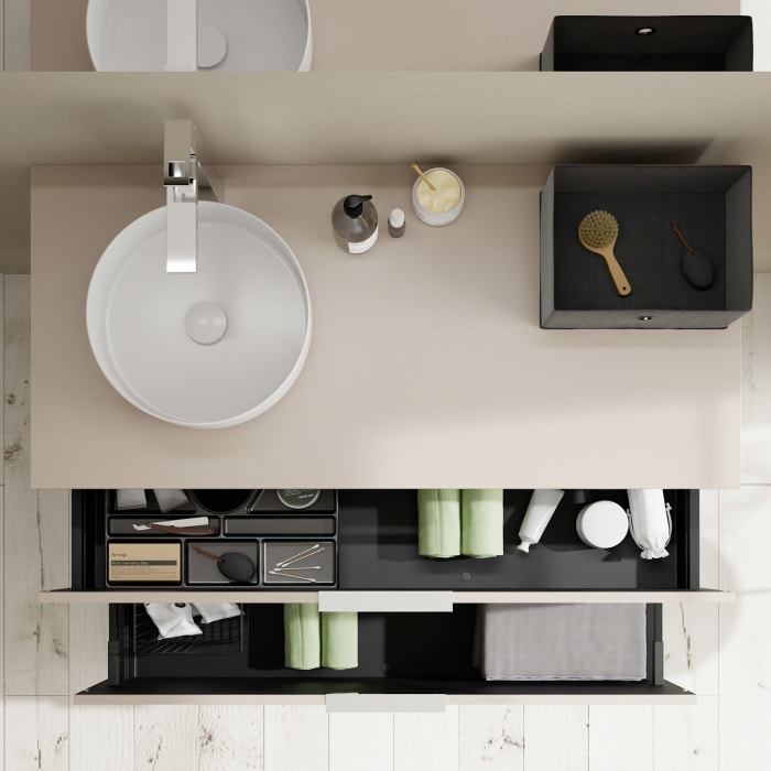 burgbad Eqio Waschtischkombination mit Keramik-Aufsatzwaschtisch 120 cm, links, mit Griff G0146