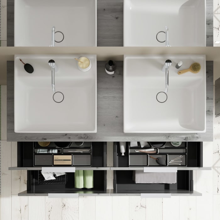 burgbad Eqio Waschtischkombination mit Keramik-Aufsatzwaschtisch 140 cm, links und rechts, mit Griff G0146