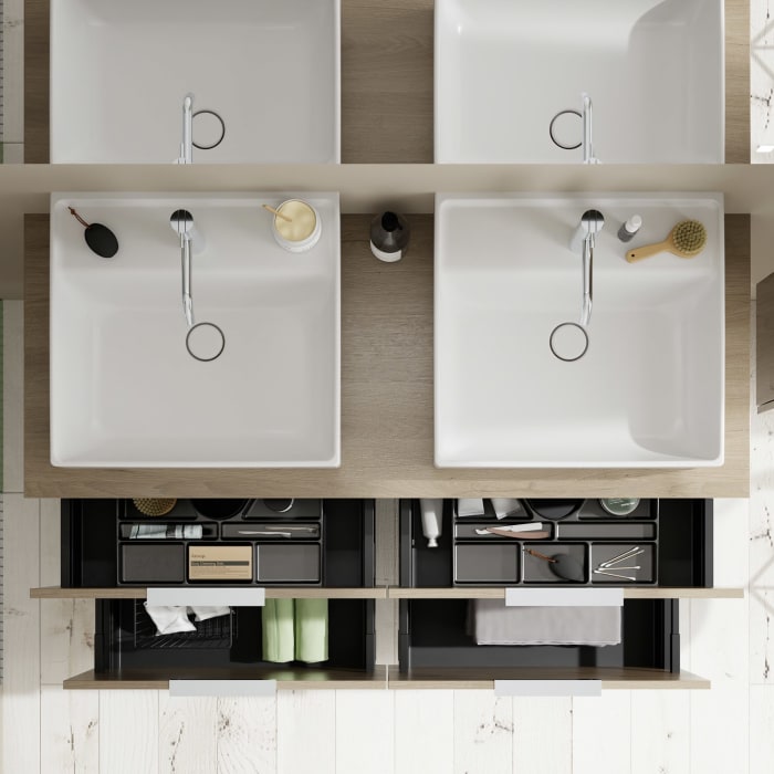 burgbad Eqio Waschtischkombination mit Keramik-Aufsatzwaschtisch 140 cm, links und rechts, mit Griff G0146