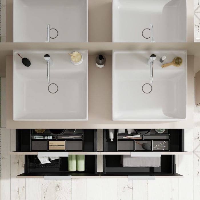 burgbad Eqio Waschtischkombination mit Keramik-Aufsatzwaschtisch 140 cm, links und rechts, mit Griff G0146