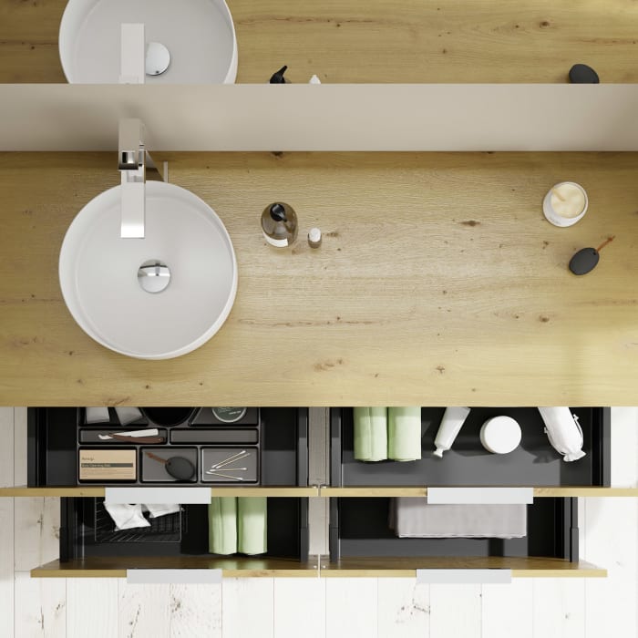 burgbad Eqio Waschtischkombination mit Keramik-Aufsatzwaschtisch 140 cm, links, mit Griff G0146