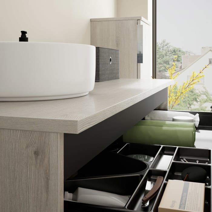 burgbad Eqio Waschtischkombination mit Keramik-Aufsatzwaschtisch 120 cm, links, mit Griff G0146