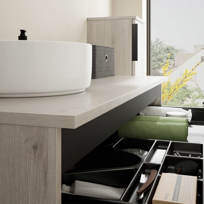 burgbad Eqio Waschtischkombination mit Keramik-Aufsatzwaschtisch 120 cm, links, mit Griff G0200