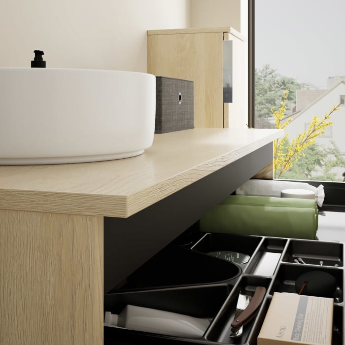 burgbad Eqio Waschtischkombination mit Keramik-Aufsatzwaschtisch 120 cm, links, mit Griff G0146