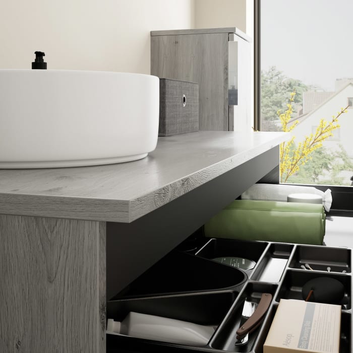 burgbad Eqio Waschtischkombination mit Keramik-Aufsatzwaschtisch 120 cm, links, mit Griff G0146