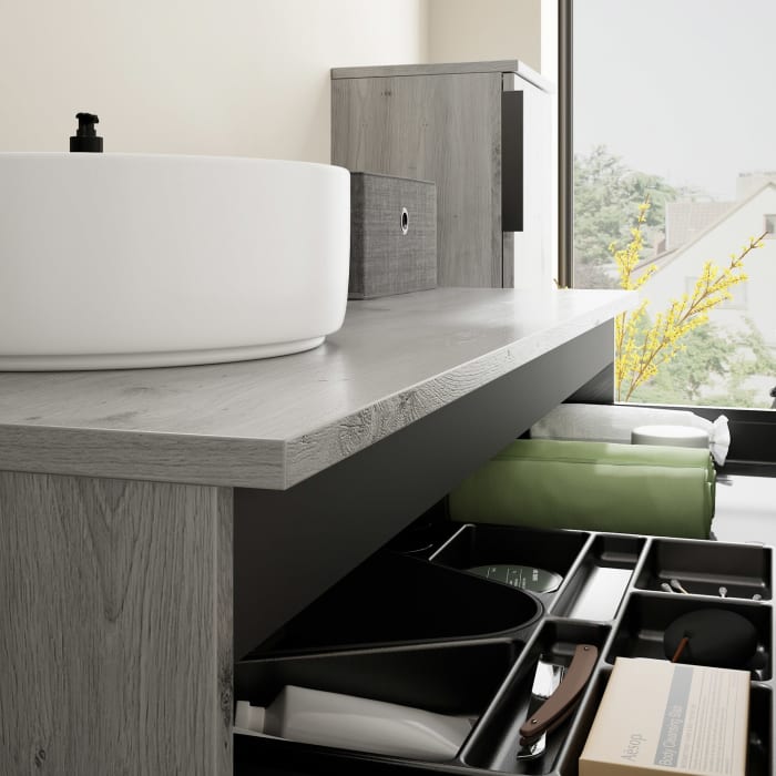 burgbad Eqio Waschtischkombination mit Keramik-Aufsatzwaschtisch 120 cm, links, mit Griff G0200