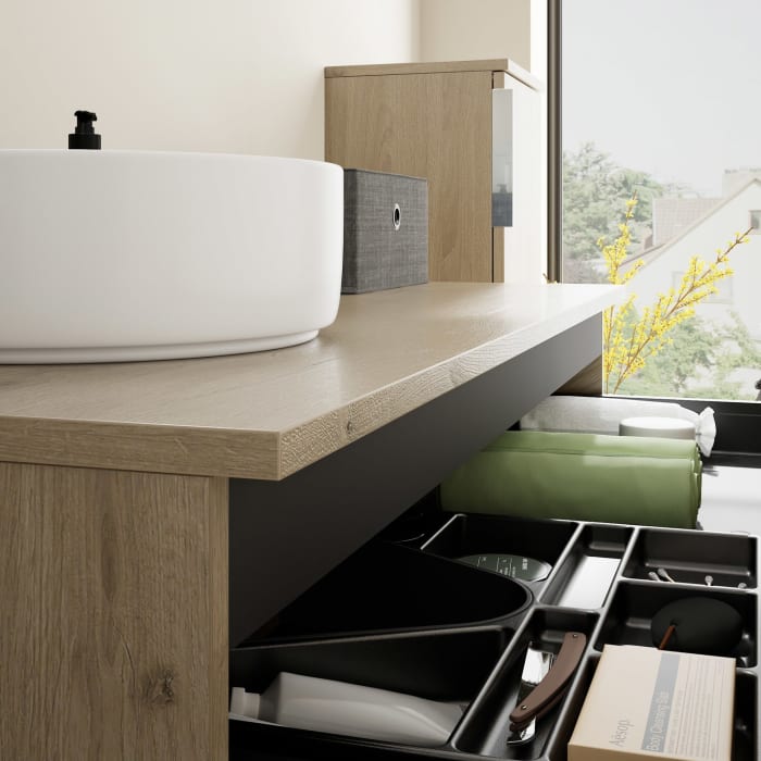 burgbad Eqio Waschtischkombination mit Keramik-Aufsatzwaschtisch 120 cm, links, mit Griff G0146