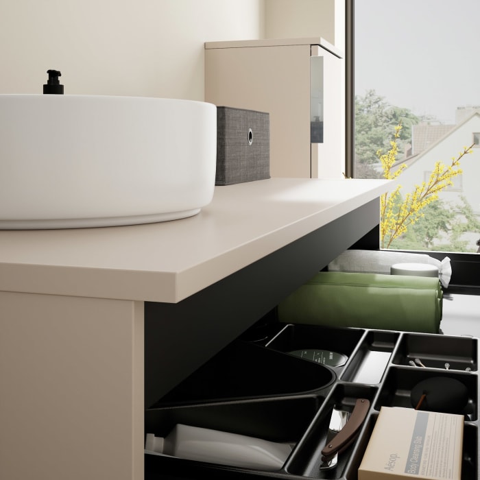 burgbad Eqio Waschtischkombination mit Keramik-Aufsatzwaschtisch 120 cm, links, mit Griff G0146