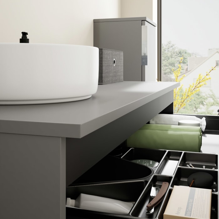 burgbad Eqio Waschtischkombination mit Keramik-Aufsatzwaschtisch 120 cm, links, mit Griff G0146