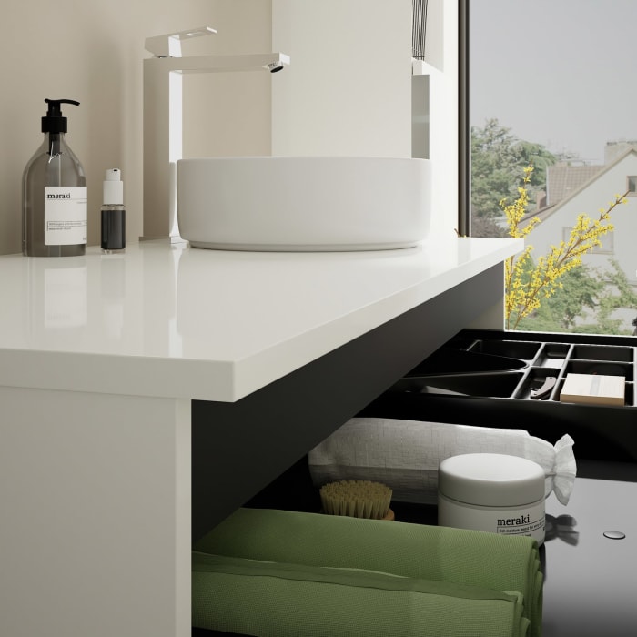 burgbad Eqio Waschtischkombination mit Keramik-Aufsatzwaschtisch 120 cm, rechts, mit Griff G0146