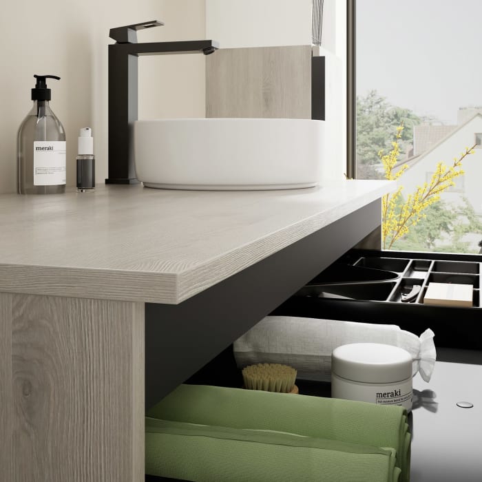 burgbad Eqio Waschtischkombination mit Keramik-Aufsatzwaschtisch 120 cm, rechts, mit Griff G0200