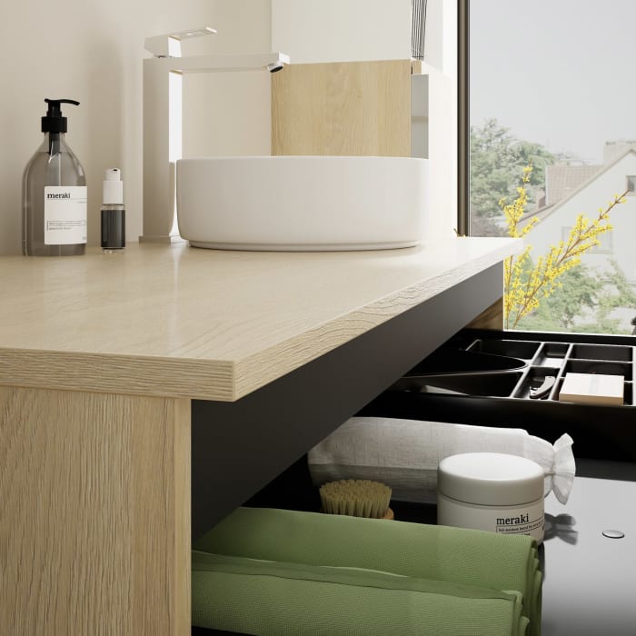 burgbad Eqio Waschtischkombination mit Keramik-Aufsatzwaschtisch 120 cm, rechts, mit Griff G0146