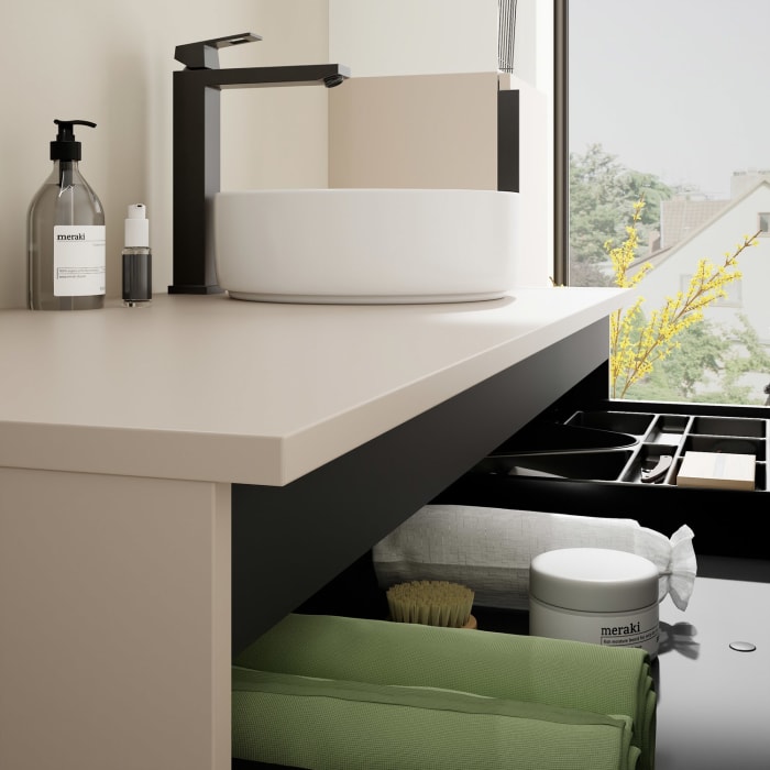 burgbad Eqio Waschtischkombination mit Keramik-Aufsatzwaschtisch 120 cm, rechts, mit Griff G0200