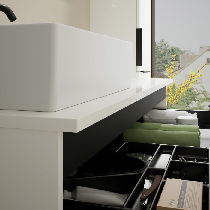 burgbad Eqio Waschtischkombination mit Keramik-Aufsatzwaschtisch 120 cm, links, mit Griff G0200