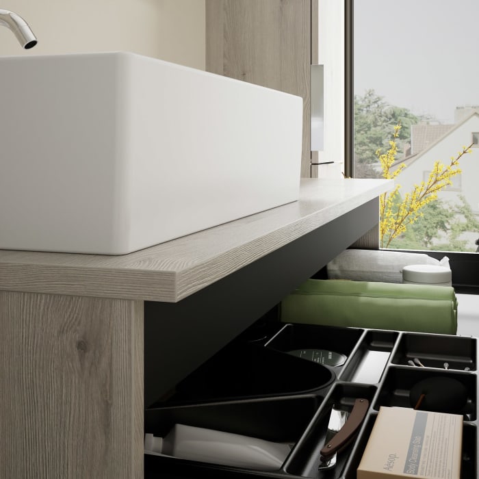 burgbad Eqio Waschtischkombination mit Keramik-Aufsatzwaschtisch 120 cm, links, mit Griff G0146