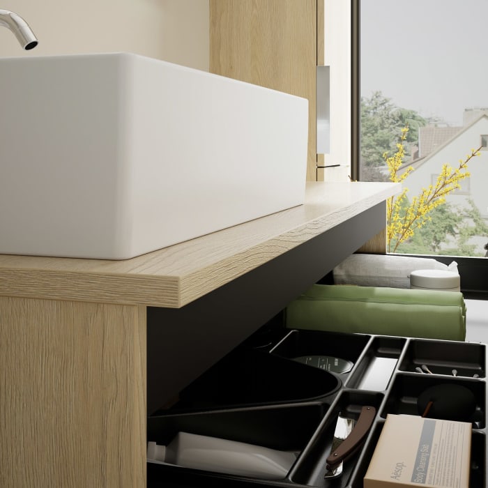 burgbad Eqio Waschtischkombination mit Keramik-Aufsatzwaschtisch 120 cm, links, mit Griff G0146