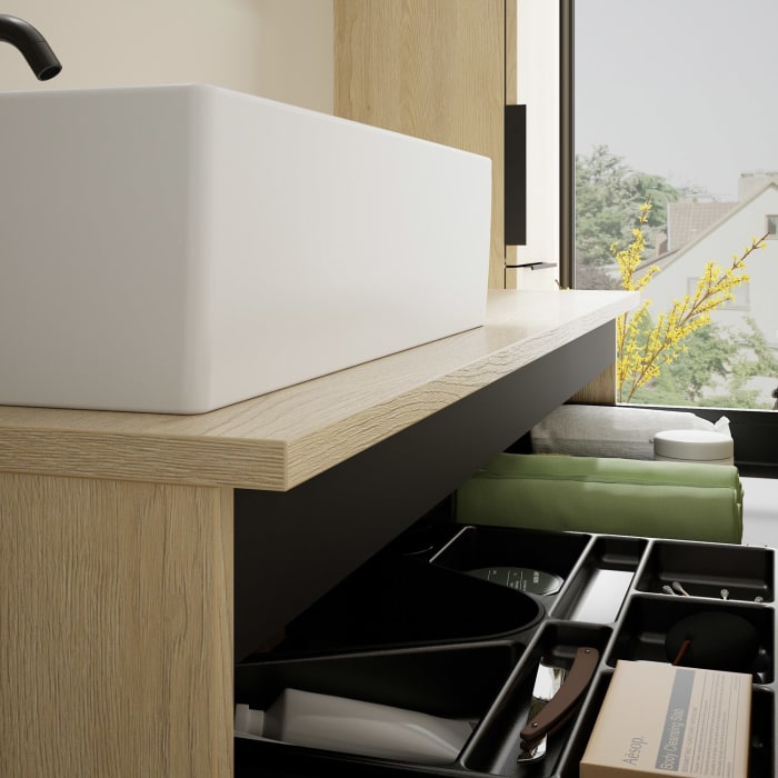 burgbad Eqio Waschtischkombination mit Keramik-Aufsatzwaschtisch 120 cm, links, mit Griff G0200