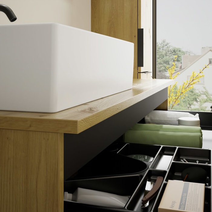 burgbad Eqio Waschtischkombination mit Keramik-Aufsatzwaschtisch 120 cm, links, mit Griff G0200