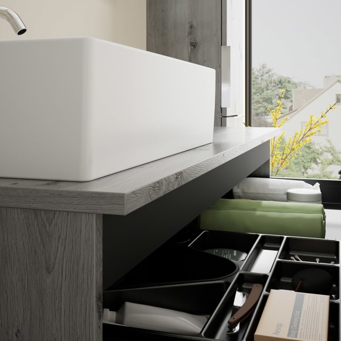 burgbad Eqio Waschtischkombination mit Keramik-Aufsatzwaschtisch 120 cm, links, mit Griff G0146