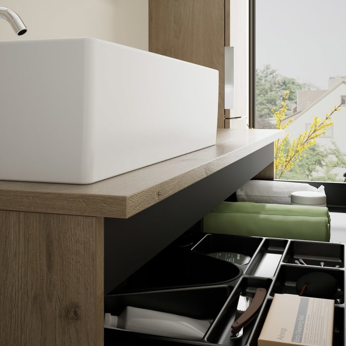 burgbad Eqio Waschtischkombination mit Keramik-Aufsatzwaschtisch 120 cm, links, mit Griff G0146