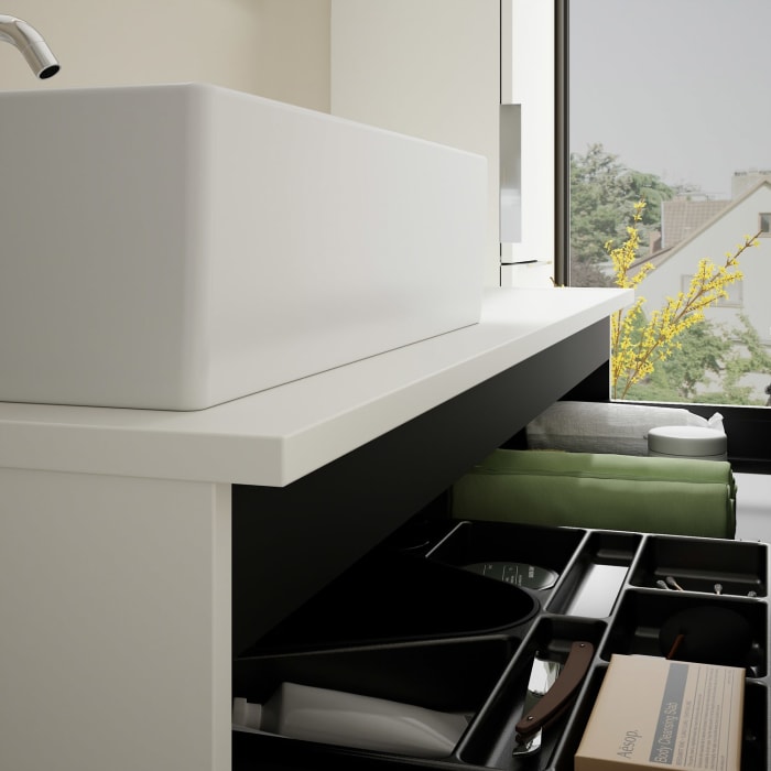 burgbad Eqio Waschtischkombination mit Keramik-Aufsatzwaschtisch 120 cm, links, mit Griff G0146