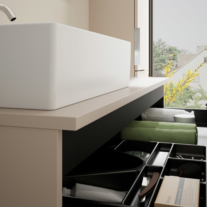 burgbad Eqio Waschtischkombination mit Keramik-Aufsatzwaschtisch 120 cm, links, mit Griff G0146