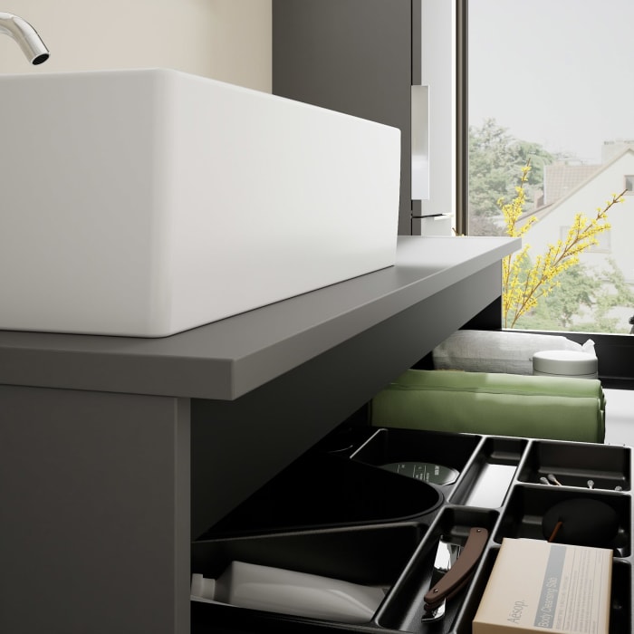 burgbad Eqio Waschtischkombination mit Keramik-Aufsatzwaschtisch 120 cm, links, mit Griff G0146