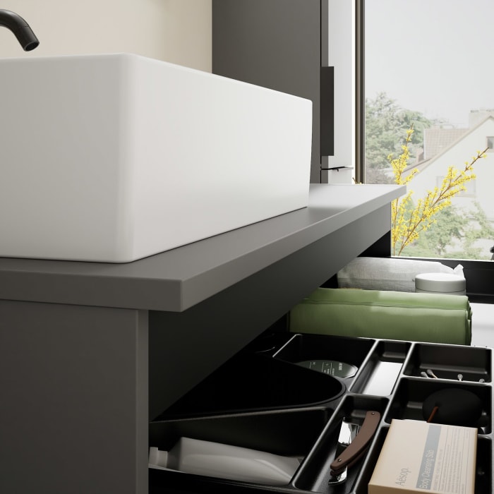 burgbad Eqio Waschtischkombination mit Keramik-Aufsatzwaschtisch 120 cm, links, mit Griff G0200